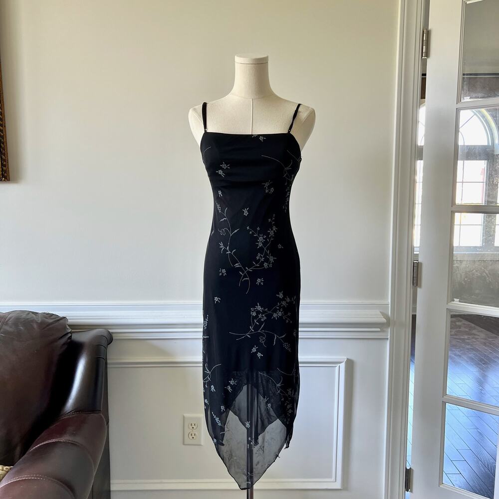 Y2K City Triangles black silver floral detail mesh midi dress S